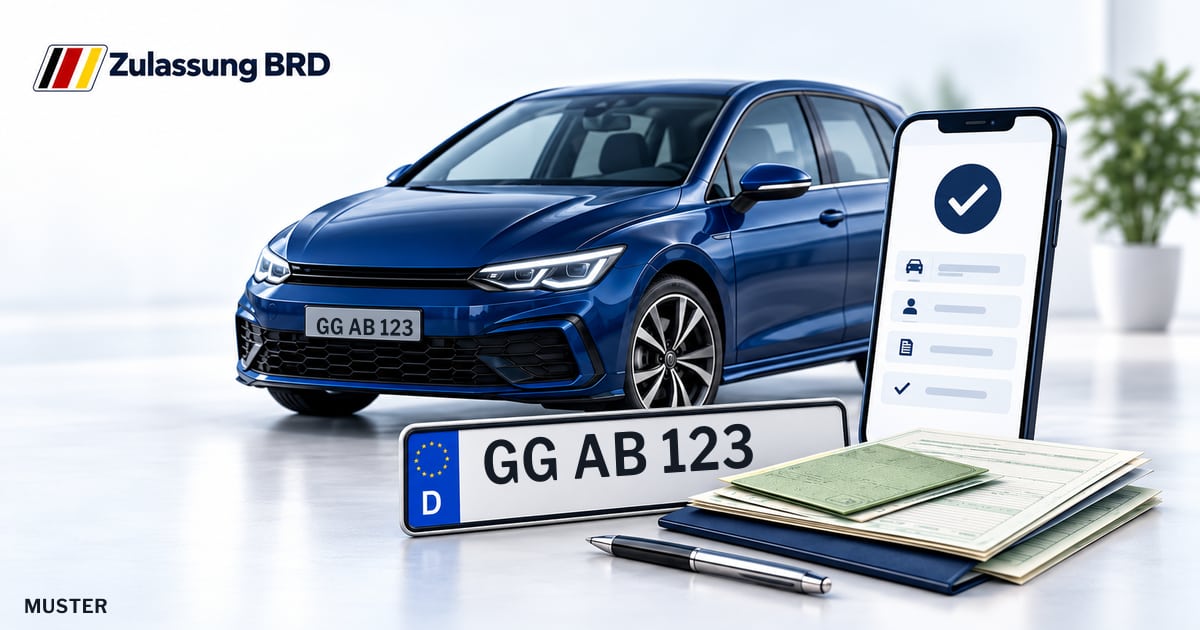 Online Fahrzeugzulassung in Mörfelden-Walldorf: Musterkennzeichen GG AB 123, Auto und Fahrzeugpapiere und Smartphone. Illustration mit Logo von Zulassung BRD.